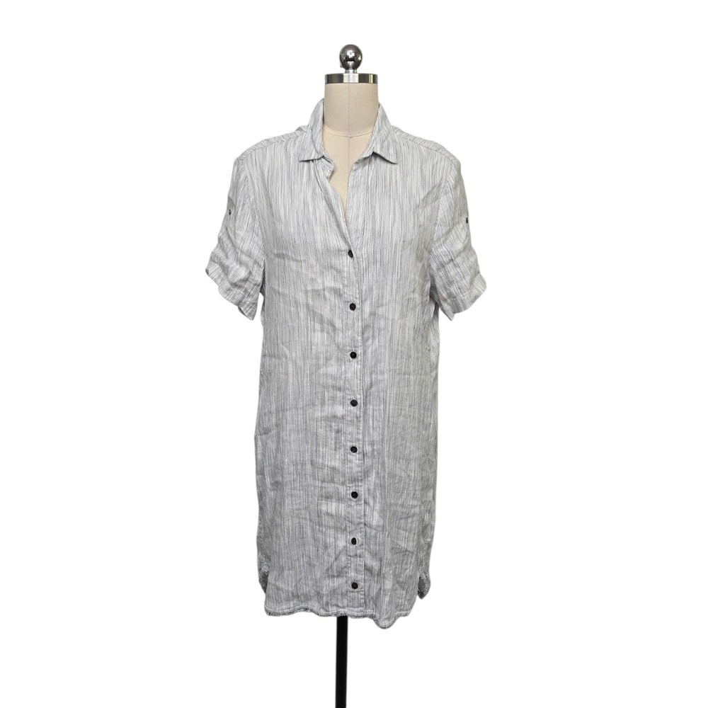 NIC+ZOE Womens Grey White Striped Linen Blend Button Front Shirt Dress Size Med